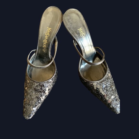 Yves Saint Laurent YSL Vintage Black Sequin Slide Pumps - Picture 1 of 4